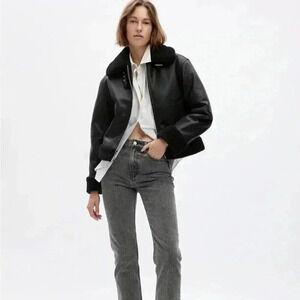 Gap Vegan Leather Sherpa-Trim Jacket Black Xs $168